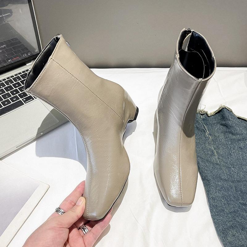 Botins de Salto Baixo Outono Primavera Novo Bico Quadrado Zíper Traseiro Costurado Solado Macio Antiderrapante Botas Skinny