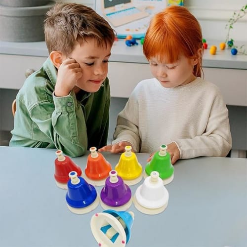 Colorful 8-note handbell set with touch controls, harmony, and mallets. Perfect as a gift for New Year's or Christmas. Perfect for beginners, beginner