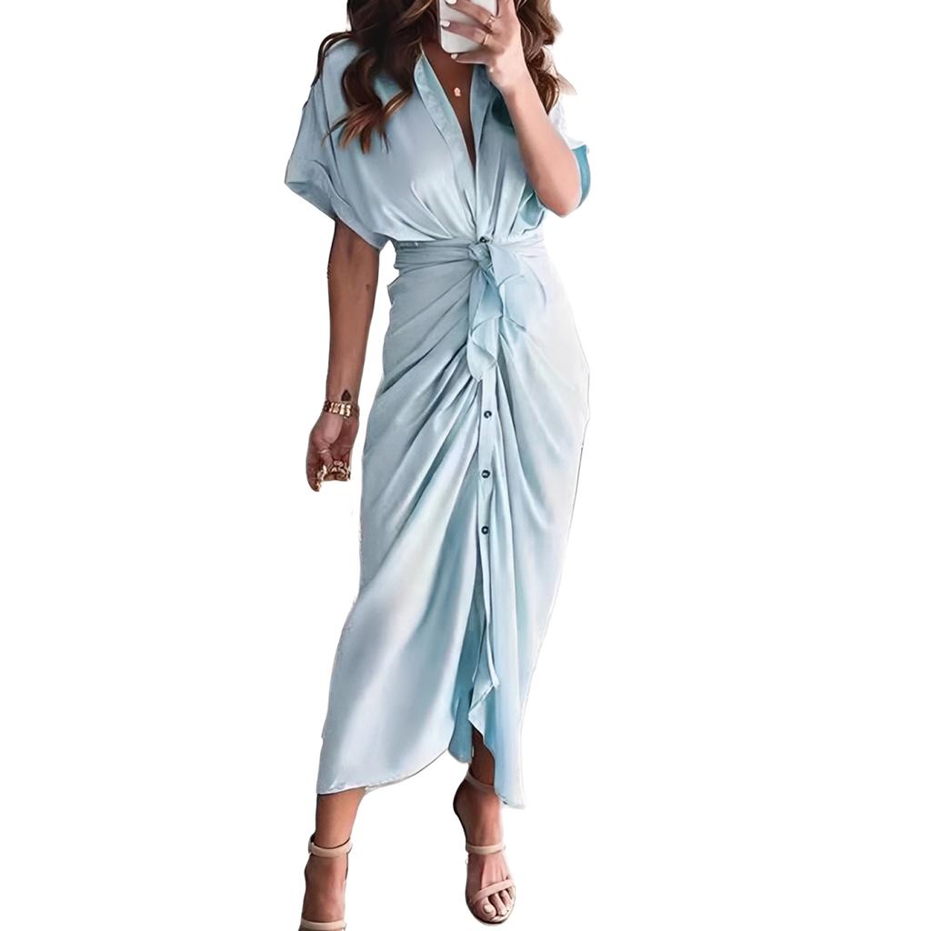 Women's Fashionable Casual Short-Sleeved Elegant High-Waisted Solid-Colour Dress