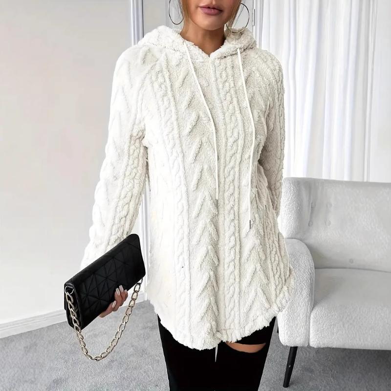 Women's Solid Color Hooded Jacquard Long Sleeve Jacket Slim Drawstring Furry Sweatshirt