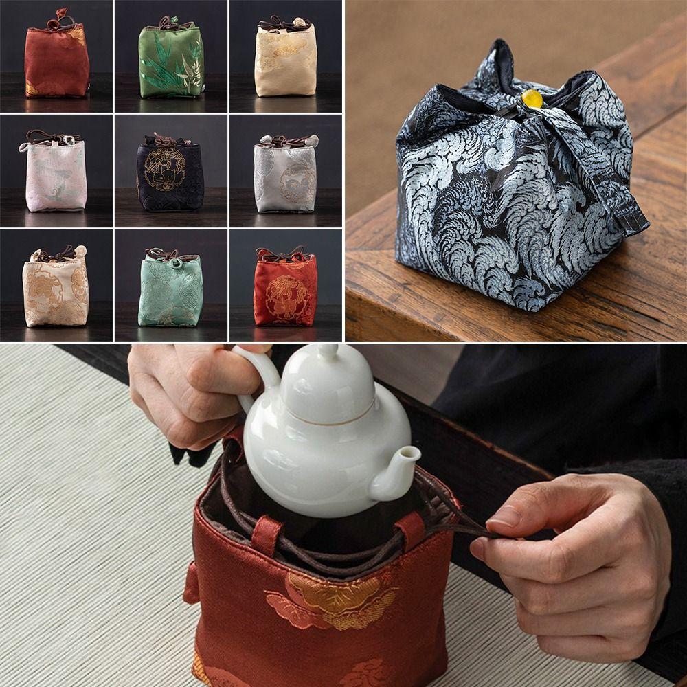 Tragbare Brokat-Teegeschirr-Aufbewahrungstasche Verdickte Bestickte Tasche im Chinesischen Stil Teekannen-Aufbewahrungstasche Vintage-Stil