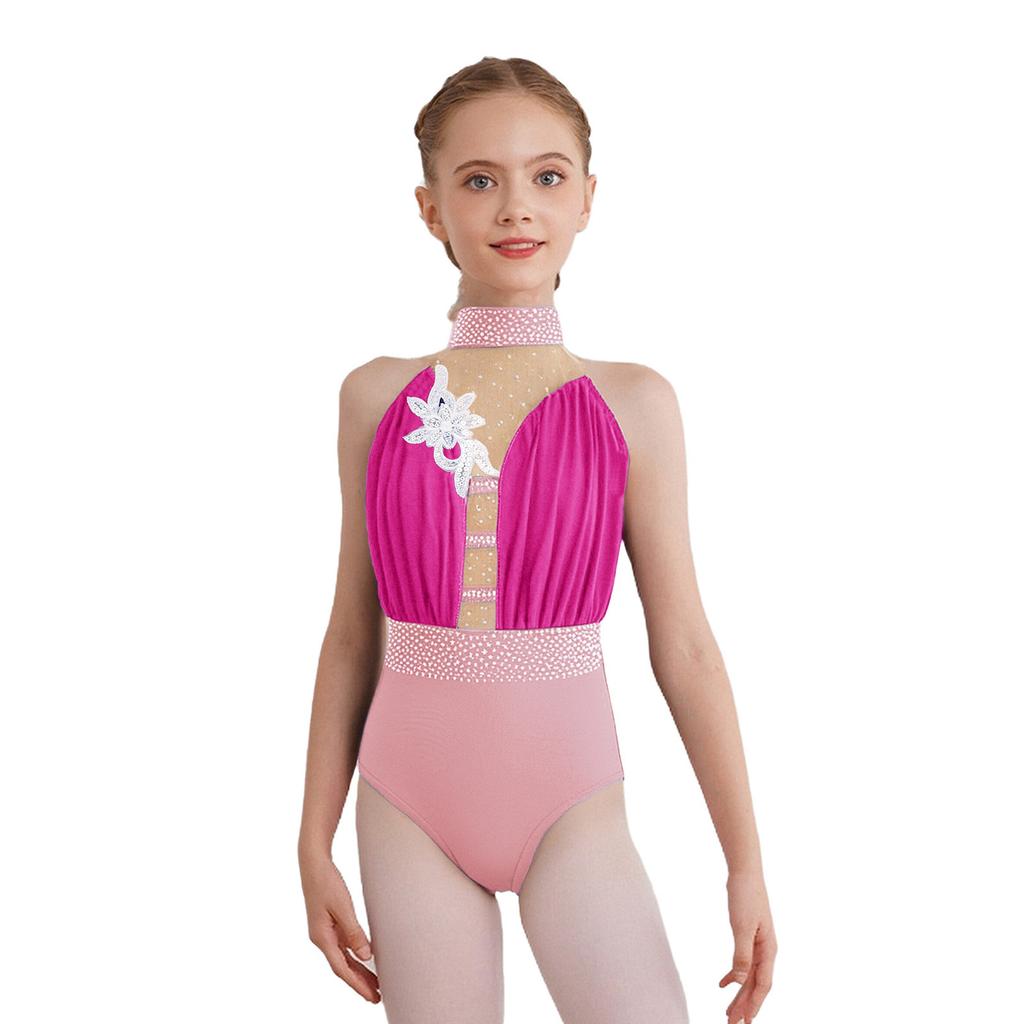 Dívčí trikot bez rukávů Třpytivé kamínky Síťovaná patchworková barevná bloková gymnastika krasobruslení Kostým