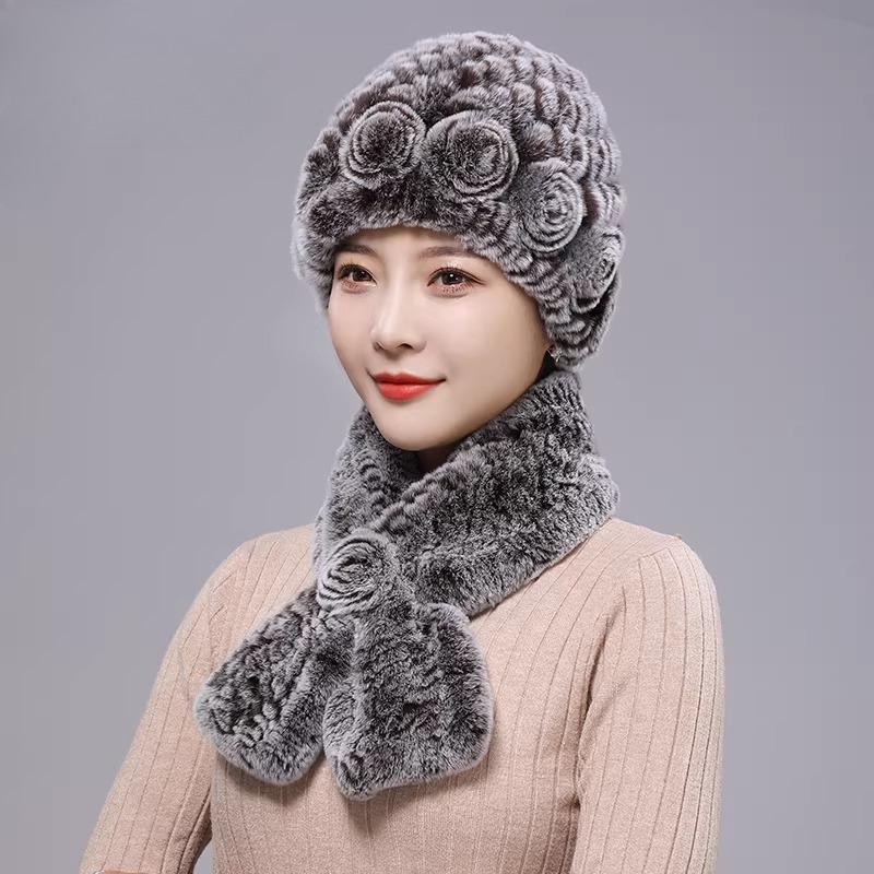 New Rex Rabbit Hair Hat Women's Winter Outdoor Scarf Set Warm Ear Protection Middle-aged and Elderly Fur Fashion