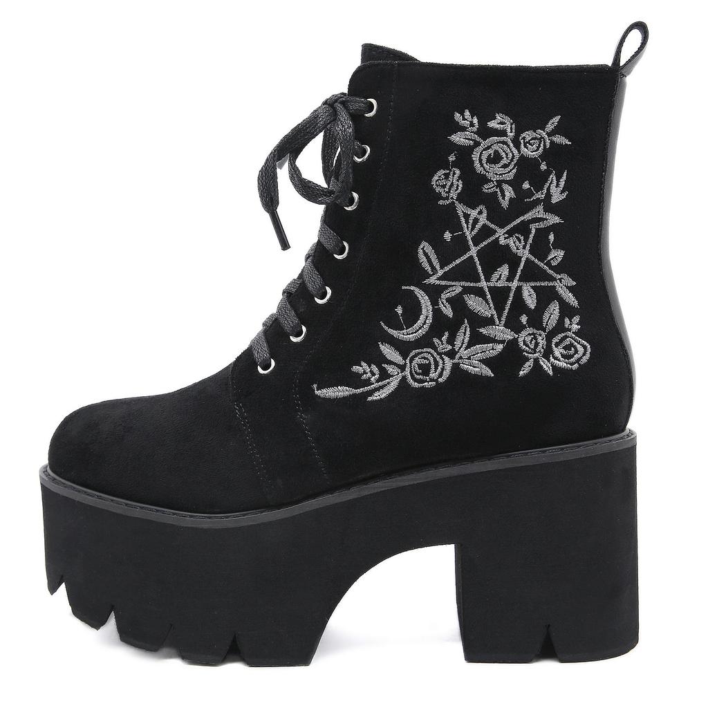 Moda kwiat gwiazda buty na platformie masywny obcas Punk zamszowe damskie gotyckie buty klub nocny zasznurować zamek błyskawiczny z tyłu