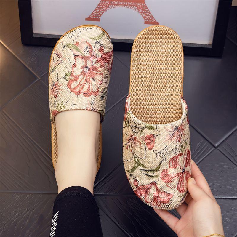 Four Seasons National Style Flax Cool Slippers Couples Breathable Home Use Flat Soft Sole Men's and Women's Confinement Baotou  Confinement Shoes