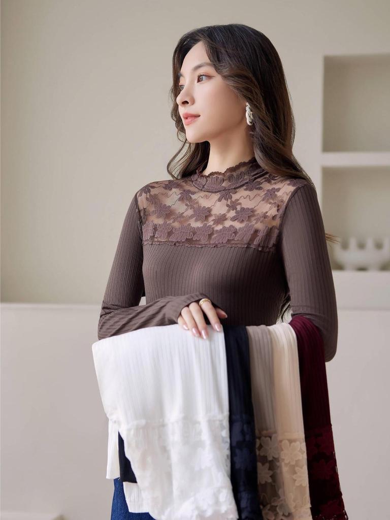 Damen Slim Fit Langarm Mesh-Spitzenoberteil - Aushöhlendesign, Frühling/Herbst Vielseitiger Socialite-Stil