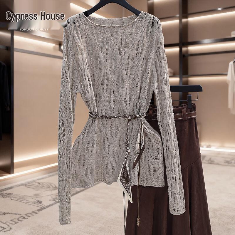 

Women s Solid Round Neck Hollow Knit Sweater One Size