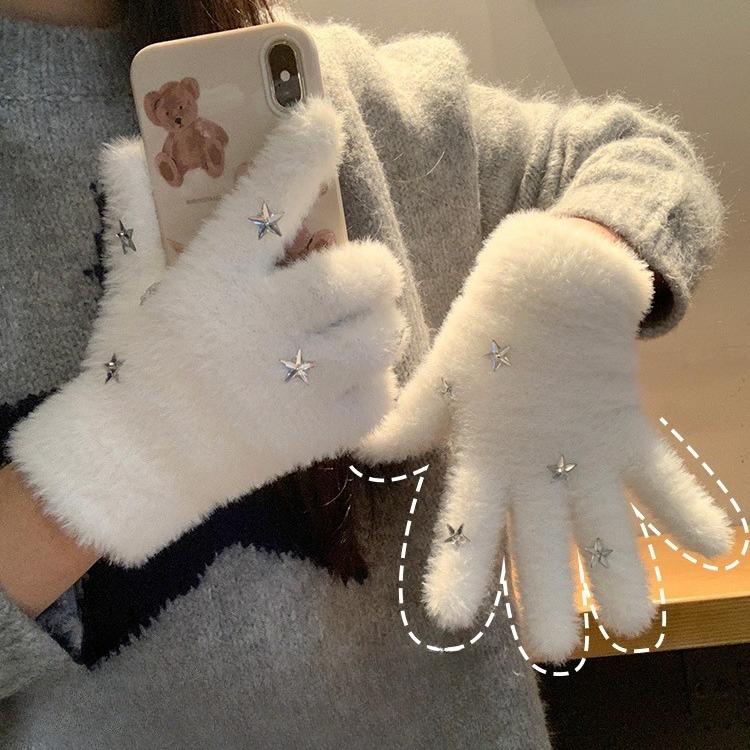 

Cute Star Plush Gloves for Women Winter Sweet Girl Cold proof and Warm Five Finger Wool Student Cycling White Gloves one size