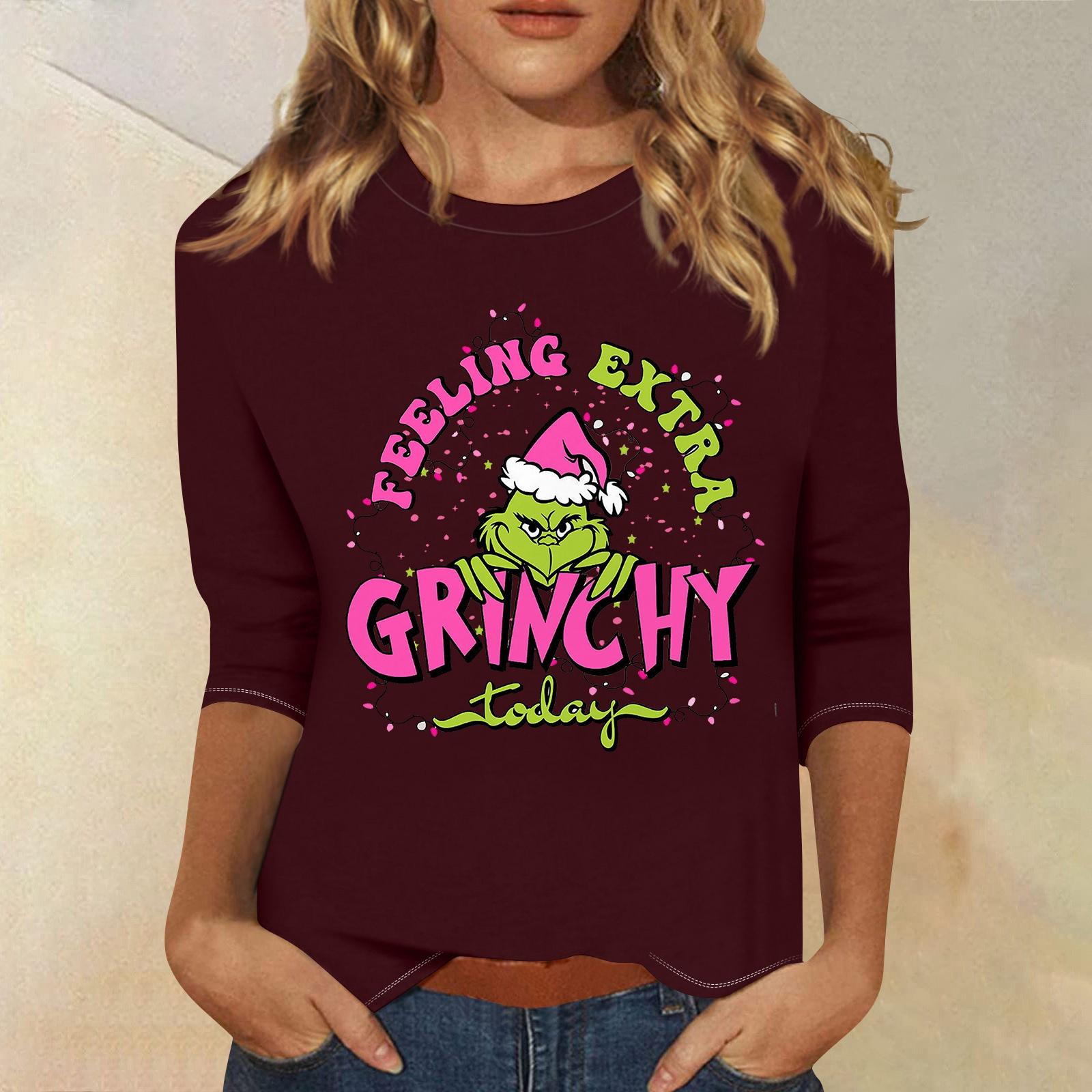 

3/4 рукава топы для женщин футболка повседневные рождественские принты топы футболка круглый вырез пуловер блузка XL винный