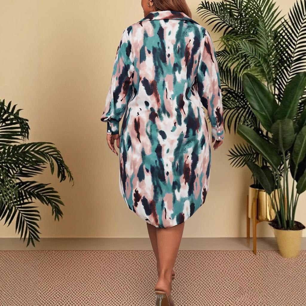 Cross-border hem closed dress Amazon long dress European and American plus size loose long-sleeved polo collar dress women