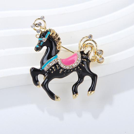 Brooch Zinc Alloy Enamel Pin Carousel Horse Pin with Rhinestones Encrusted Saddle Mane Coat Bag Hat Scarf Accessory