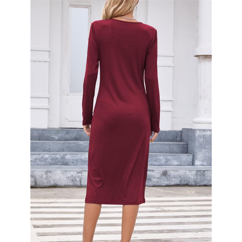 Women's Solid Color Long Sleeve Square Neck Slim and Elegant Long Dress