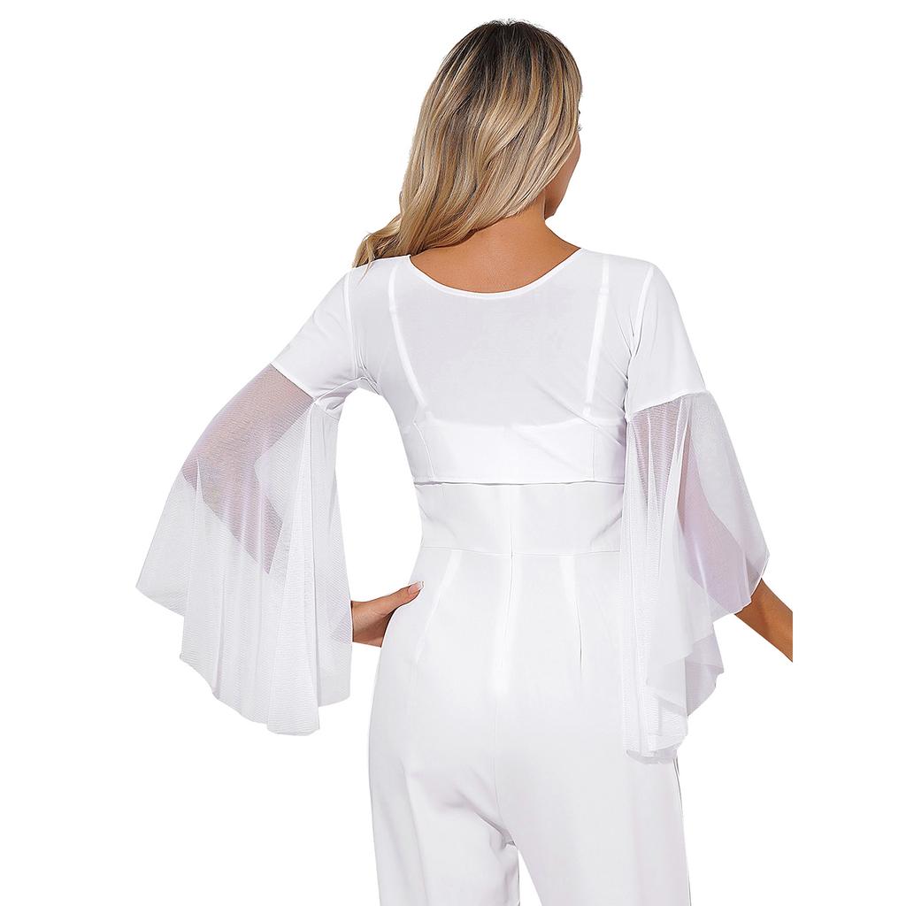 Women 3/4 Tulle Flared Sleeve Crop Top Dancewear Lace-up Indian Belly Dance Costume Tops