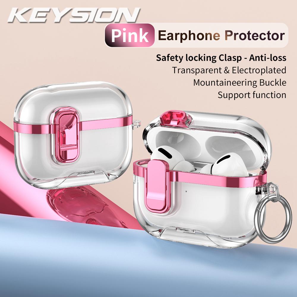 KEYSION Plating Transparent Earphone Case for AirPods Pro 3 TPU+PC Shockproof Phone Stand Hook Headphone Cover for AirPods Pro 3
