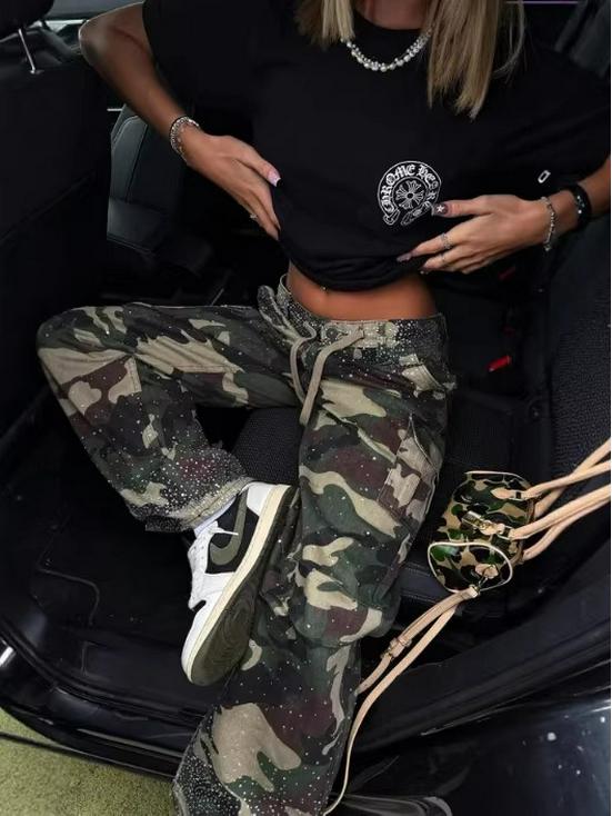 Pantalones Rectos Camuflados de Calle Retro Europeos y Americanos con Detalles de Taladro en Caliente