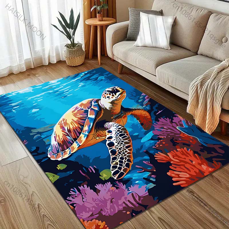 1 ks barevný koberec s potiskem želvy v oceánu pro obývací pokoj, ložnici, pohovku, rohožku, domácí dekoraci, zónový koberec, protiskluzová podložka na podlahu