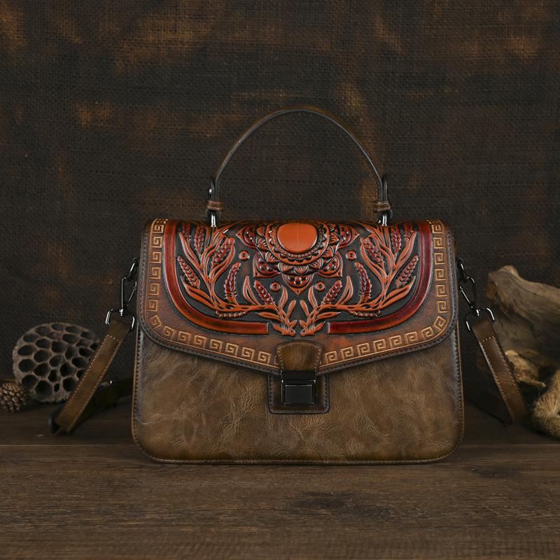 

Новая сумка через плечо в стиле ретро с тиснением вручную для пожилых людей - Модная женская сумка через плечо из кожи темно-коричневого