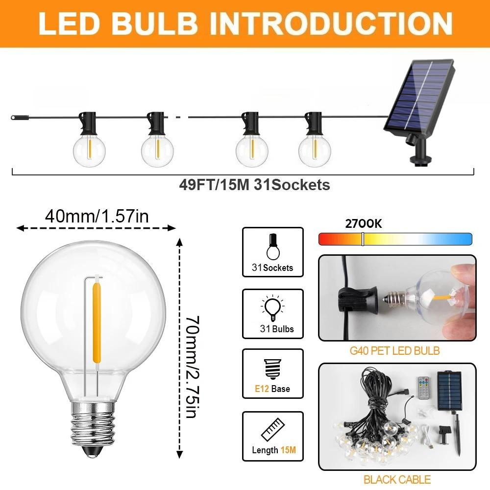 15M Solar String Lights Outdoor Patio Lights USB Recharger 8 Light Modes Shatterproof Bulbs Weatherproof Hanging Christmas Light