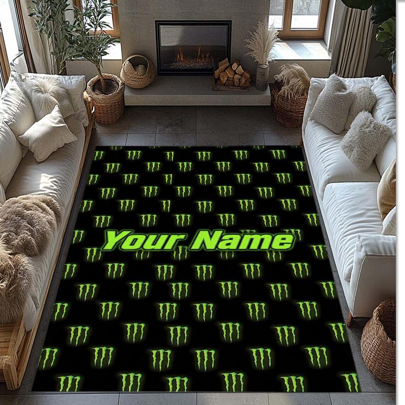 Tappeto Monster Energy Crystal Velvet, Tappetino Antiscivolo Personalizzato con Nome Testo per Arredamento Casa Regalo