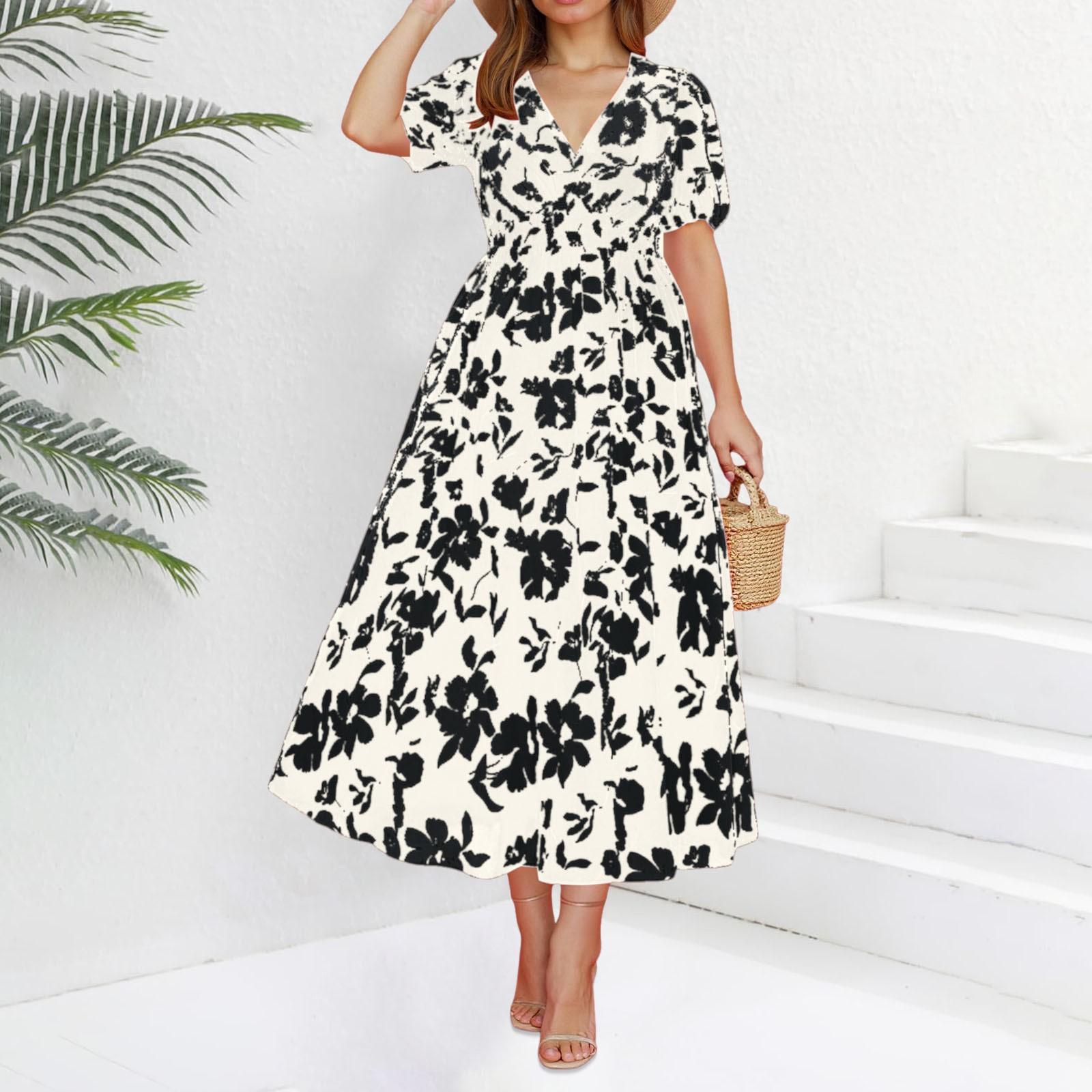 

Women s Fashionable Plus Size V Neck Short Sleeved Floral Print Holiday Seaside Dress XL чорний