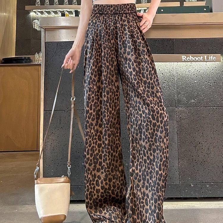 2025 Лето женские повседневные брюки свободные прикрывающие недостатки прямые брюки инс леопардовый принт широкие брюки брюки M цветной печати леопарда