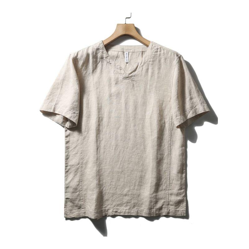 Chinese Style Natural Linen T-Shirt Men's Summer Thin New Arrival Loose V-neck Undershirt Export Export Men's T-shirt