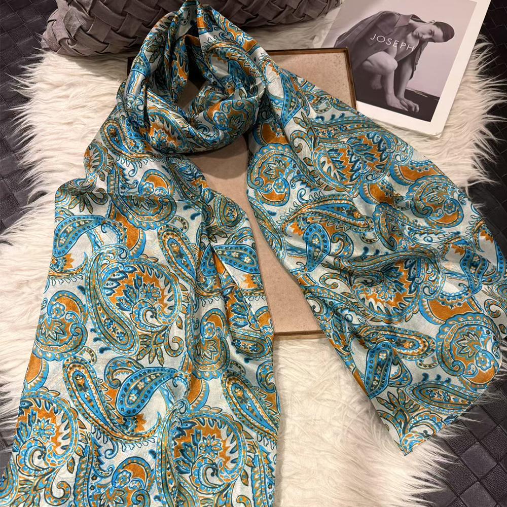 Bysifa|Blue White Silk Scarf Shawl Fall Winter Women Long Scarves Butterflies Design Summer Ladies Beach Silk Wrap Foulard