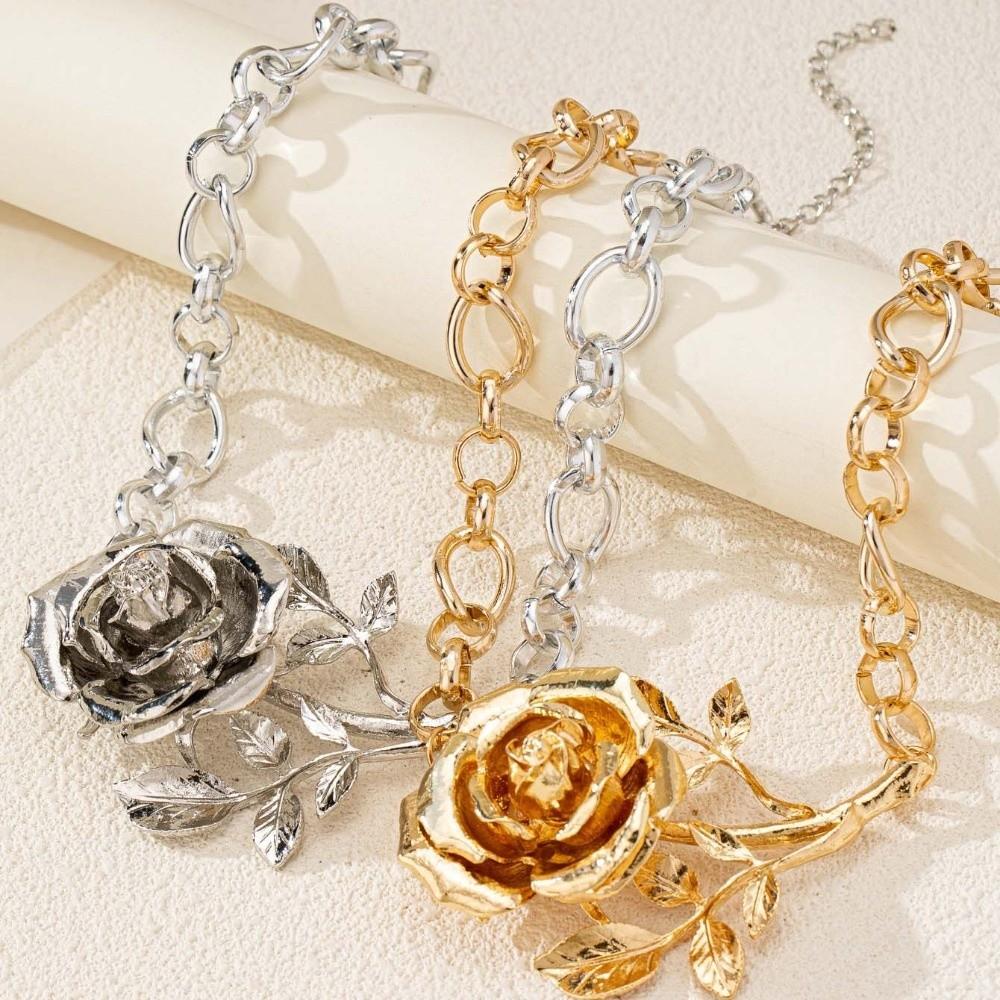 Big Exaggerated Flower Necklace Coarse Neck Chain Wedding Metal Rose Necklace  Birthday