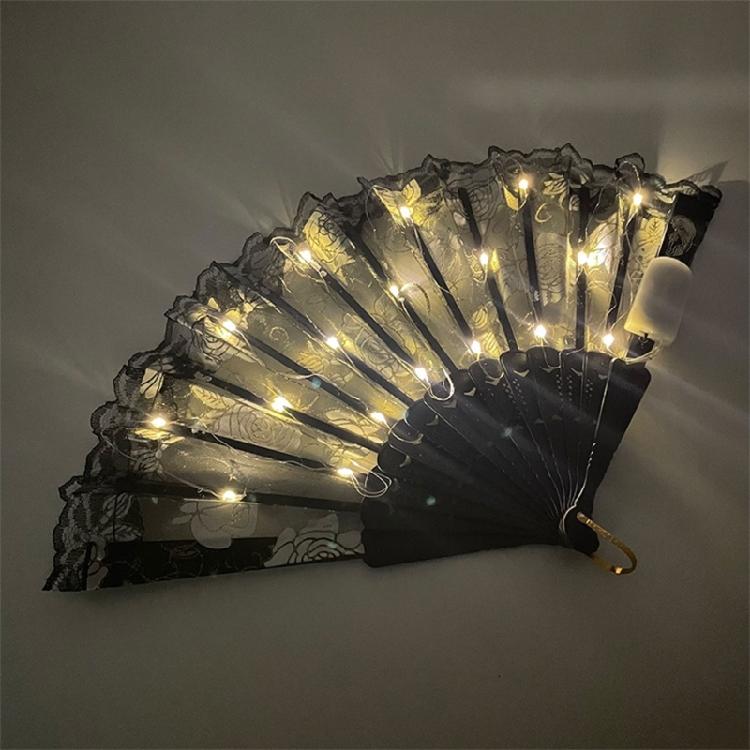LED Light Up Rose Lace Florals Hand Fan Luminous Costumes for Wedding