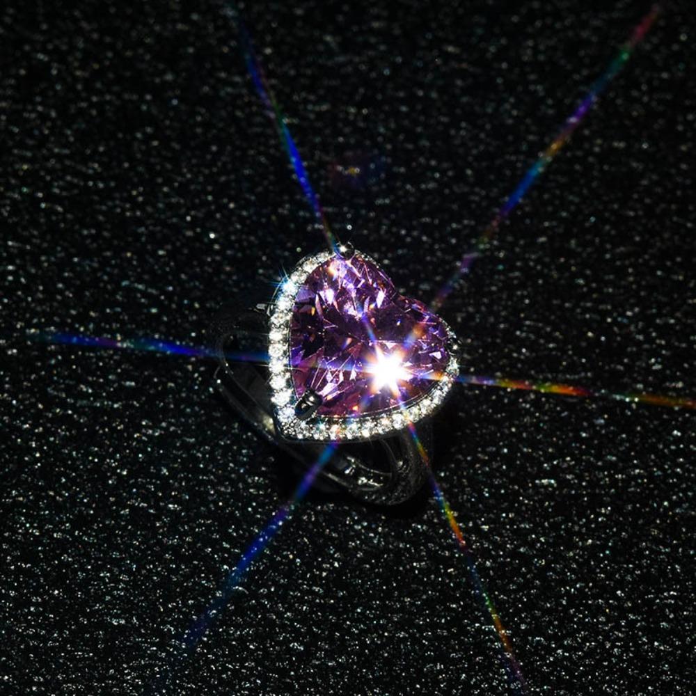 Luxury Women Jewelry Set Heart Pink Diamond Pendant Full Diamond Pink Crystal Open Ring Earrings