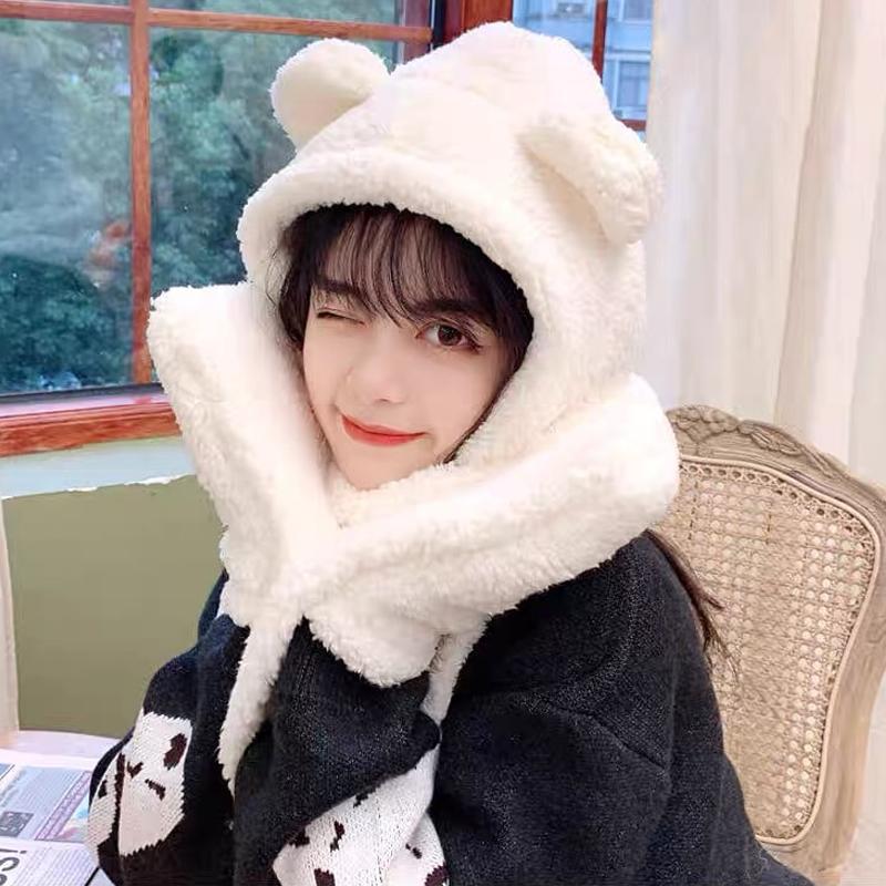 Cute Bear Ear Hat Scarf Gloves Set Thicken Women Beanies Caps Winter Warm Windproof Ear Protection Hat