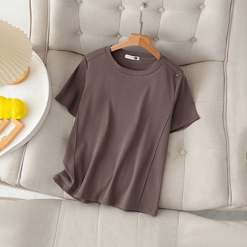 

Plus Size Chubby Girl Minimalist Easiest for Match Shoulder Stretch Short Sleeve T-shirt Female 2024 Summer New Design Sense Pure Color Tops Brown XL(60.00 kg-70.00 kg)