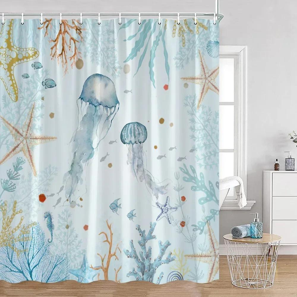 

Marine Animal Theme Shower Curtain Sea Turtle Octopus Starfish Bathroom Curtain Children S Bathroom Decorations With Hook W60H190(CM)-1 Pcs