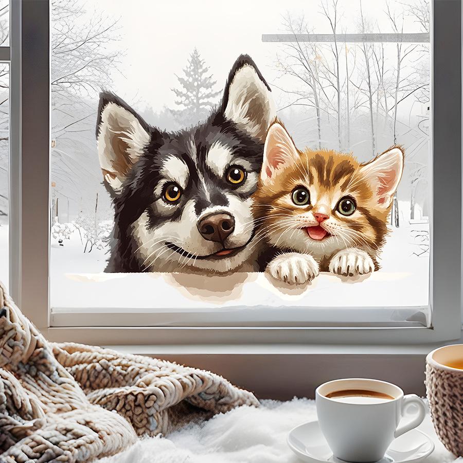 Cute Cat and Dog Peeking Watercolor Healing Window Stickers, Self-Adhesive Double-Sided Visible Decor for Bedroom Living Room Decoration
