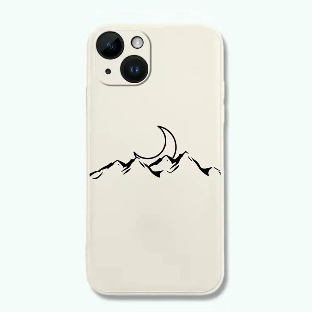 Line Mountain Scenery Phone Case for IPhone 16 15 Pro Max 13 12 11 XS MAX X 7 8 14 Plus Shockproof Simple Sun Moon Couples Cover