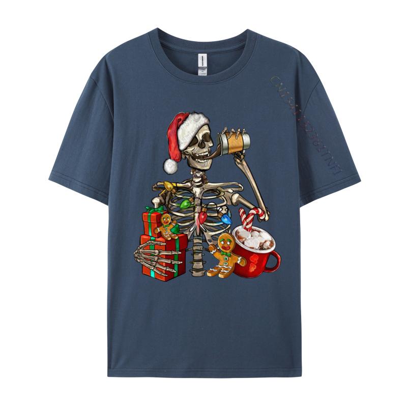 Christmas Skeleton With Smiling Skull Drinking Coffee Latte T Shirts Graphic Tshirt Hip Hop T Shirt Homme Cotton Oversized