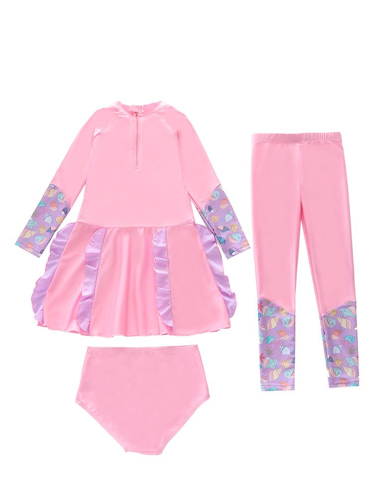 2026 Girls Long Sleeve Three-Piece Swimsuit Set with Long Pants for Kids