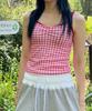 ESCAPEFROM Love Check Pattern Full Print Shirring Point Color Block Sleeveless Red