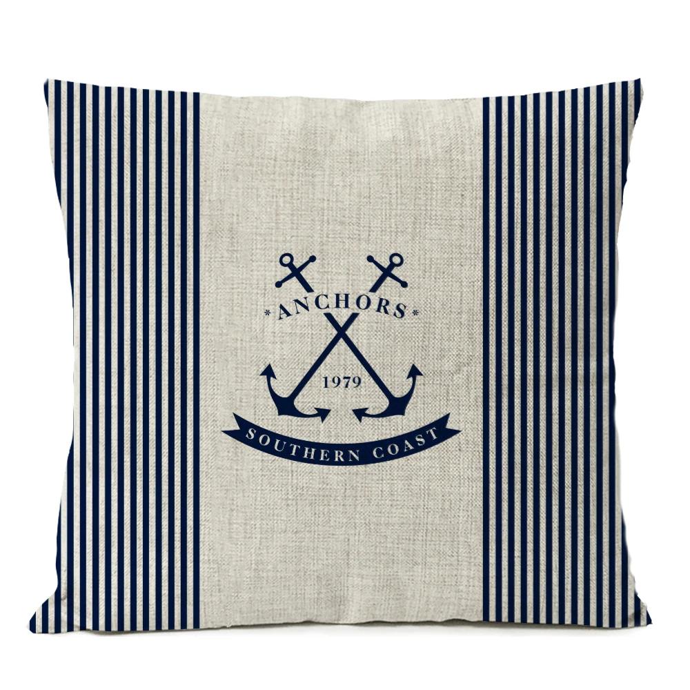 Home Decorative Navigation Blue Compass Anchor Pillow Cover Nautical Shell Fish Linen Pillow Case Mediterranean Cushion Cover