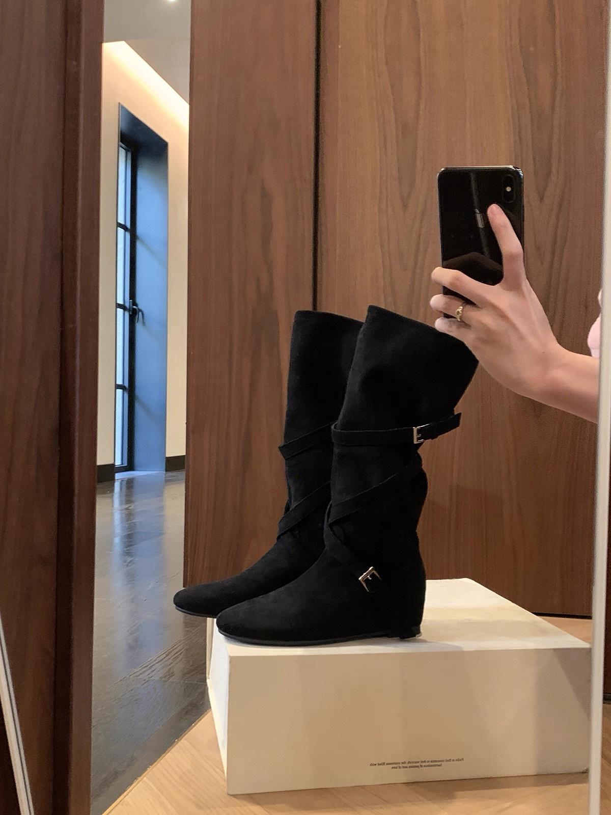 

Cowhide~ Heel height increased 6cm, genuine leather boots, western boots, women s pleated stacking boots, medium tube buckle strap, thin knight boots 40