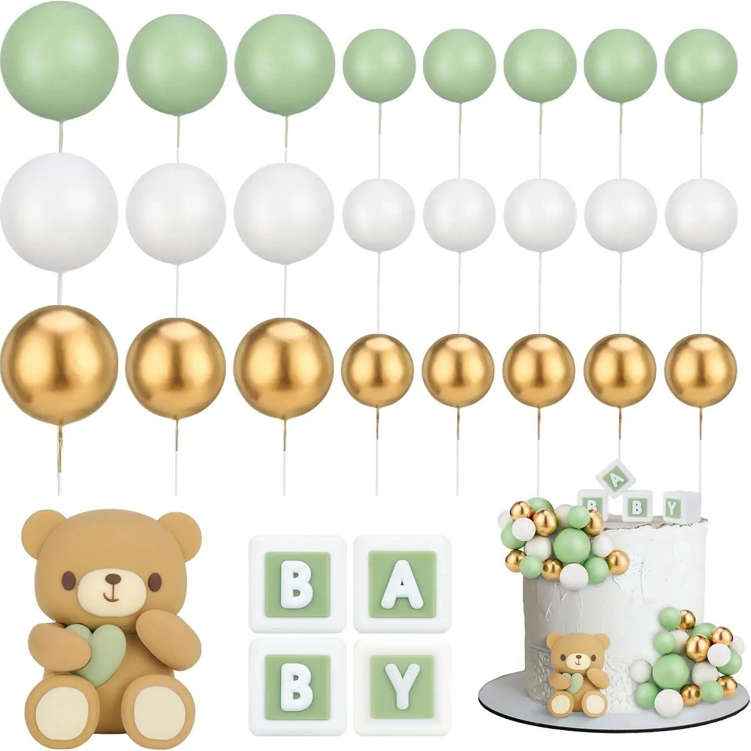 

29Pcs Ball Cake Topper Bear Baby Shower Cake Decorations with Cute Bear Blue BABY Letter Blue Gold White Foam Balloon for Kids