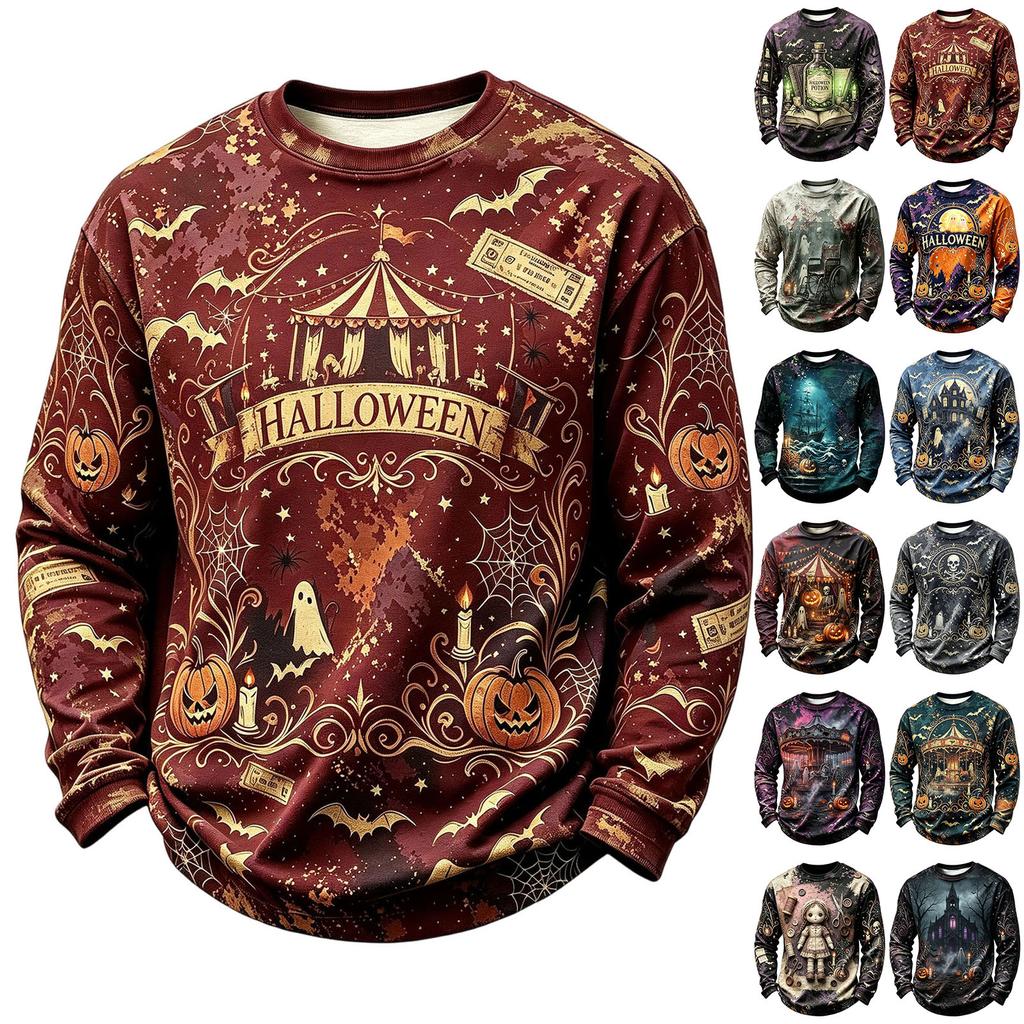 Men's Casual Long Sleeve Crewneck Halloween Print Top