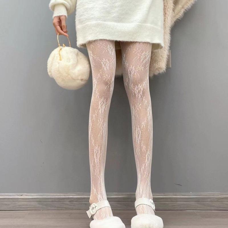 1 пара белых и черных ажурных сетчатых колготок с цветочным рисунком и ротанговой подошвой One Size белый