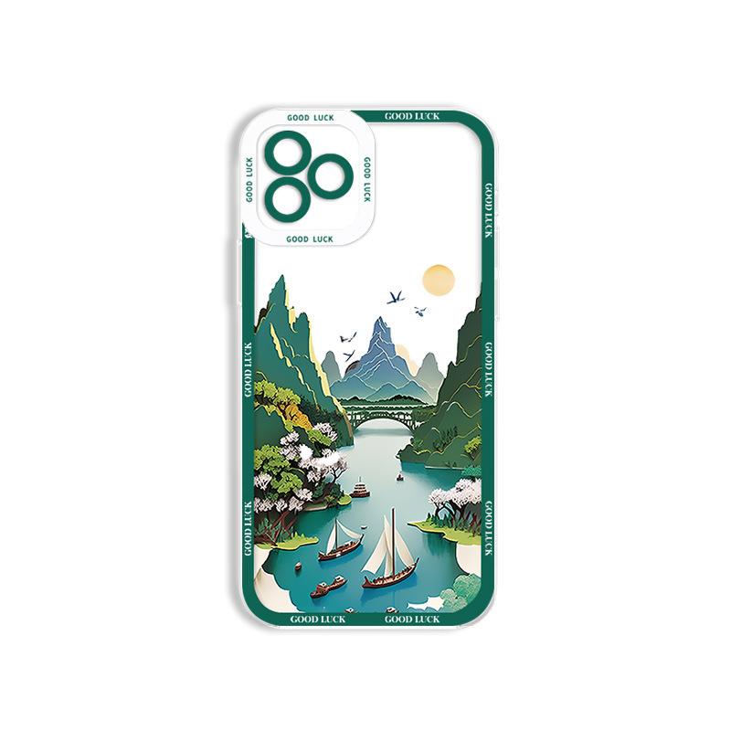 New Chinese-style Guochao Shanshui mobile phone case Apple 14promax light and transparent soft case iPhone17 summer new