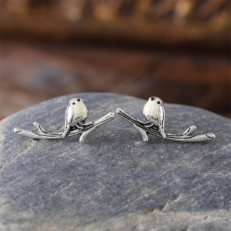 European & American Retro Bird Branch Jewelry Set: Drip Oil Earrings, Ring & Necklace