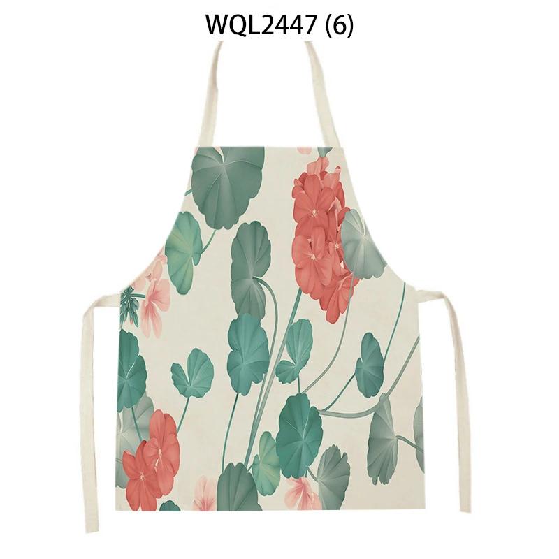 Home Plant Flower Printed Linen Kitchen Apron for Women Home Cooking Baking Waist Bib House Accessories Cleaning Tool Aprons
