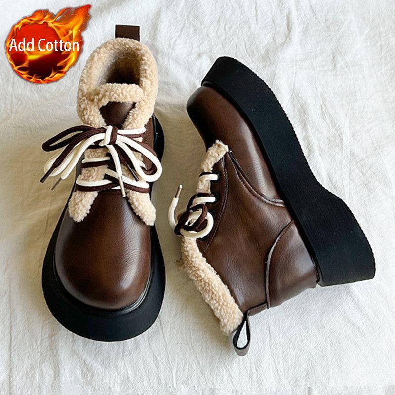 Fashion Round Toe Lace-up Chunky Snow Boots for Women Leather Plush Booties Comfortable and Elegant Footwear Autumn Winter Woman Shoes
