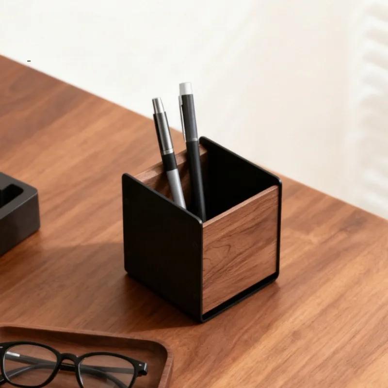 Creative Walnut Solid Wood Office Storage Aluminum Alloy Holders Desktop Office Storages Organizer Convenient Sundry Stationery