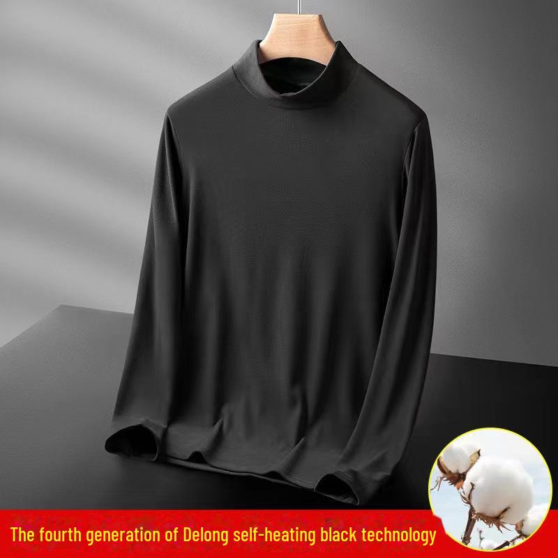 Men's German Velvet Half Turtleneck Long Sleeve Shirt - Solid Color, Thick Double-Sided Velvet, Warm Inner Wear for Autumn/Winter