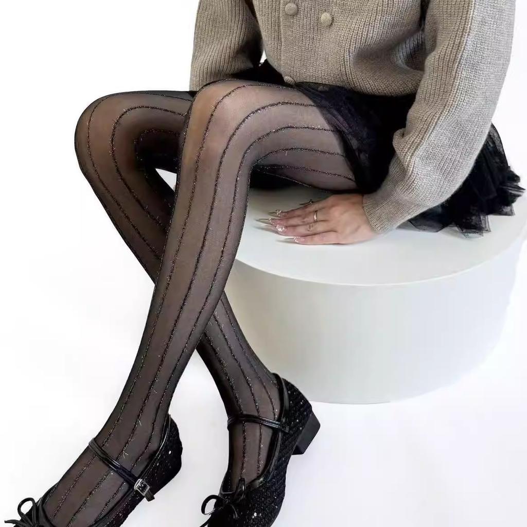 Ultra-Thin Shiny Silver Vertical Striped Stockings Children Show Thin Skin Gray Pantyhose Sexy Pure Desire Sexy Black Silk